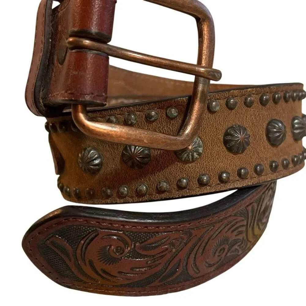 3D Belt Vintage Kids Leather Hand Tooled/Studded Copper Buckle Belt